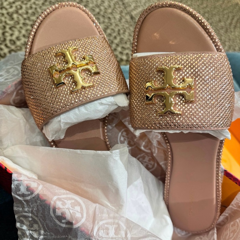 Brand New Authentic Tory Burch Women Rose Gold Bling Slides size 8 - Picture 3 of 4